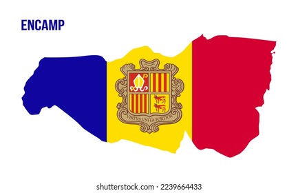 Encamp map con el color de la bandera. Mapa de Encamp con la bandera de Andorra. ilustración vectorial de la bandera de Andorra