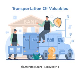 Encashment or collector concept. Money collecting and transporation. Professional truck security in bulletproof uniform. Vector isolated illustration.