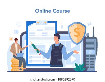 Encashment or collector online service or platform. Money collecting and transporation. Professional truck security. Online course. Vector illustration.