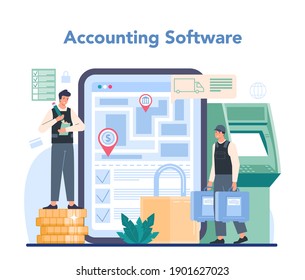 Encashment or collector online service or platform. Money collecting and transporation. Professional truck security. Online accounting software. Vector illustration.