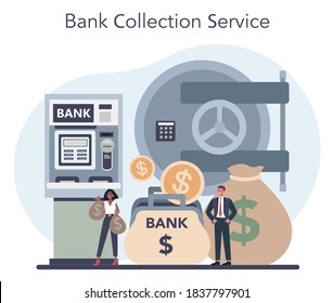 Encashment concept. Bank collecting service. Armored cash truck security. Pofessional bank staff in bulletproof uniform. Vector isolated illustration.