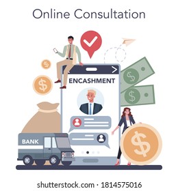 Encashment online service or platform. Armored cash truck security. Money collecting and protection. Online consultation. Vector isolated illustration.