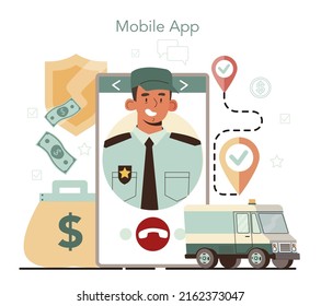 Encashment online service or platform. Money or valuable items collecting and protection. Professional bank staff in bulletproof uniform. Mobile app. Flat vector illustration.