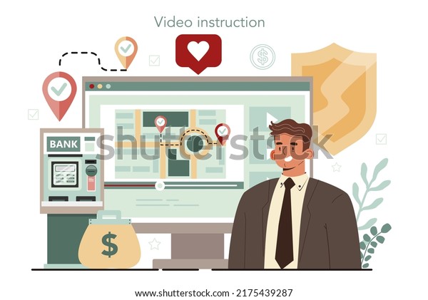 Encashment online\
service or platform. Money or valuable items collecting and\
protection. Professional bank staff in bulletproof uniform. Video\
instruction. Flat vector\
illustration.