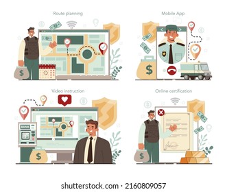 Servicio online de compensación o conjunto de plataformas. Dinero o artículos valiosos de recolección y protección. Certificación en línea, instrucción de vídeo, planificación de rutas, aplicación móvil. Ilustración vectorial plana.