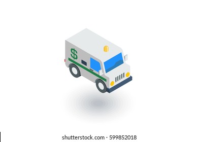encashment service car, bank collector van, money delivery isometric flat icon. 3d vector colorful illustration. Pictogram isolated on white background