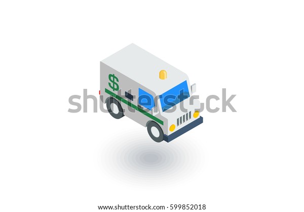 encashment service car, bank collector van,\
money delivery isometric flat icon. 3d vector colorful\
illustration. Pictogram isolated on white\
background