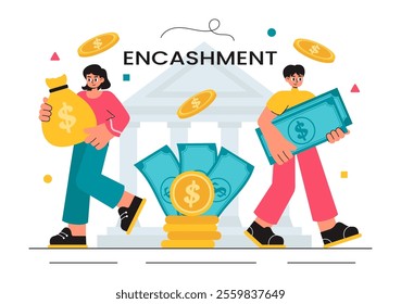 Encashment Vector Illustration featuring Employees Receiving Payment or Financial Compensation from Banking Collections in a Flat Style Background