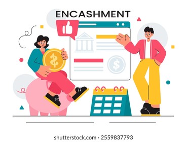 Encashment Vector Illustration featuring Employees Receiving Payment or Financial Compensation from Banking Collections in a Flat Style Background
