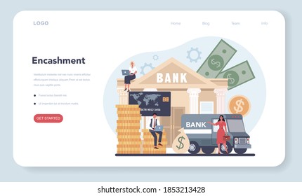 Encashment web banner or landing page. Armored cash truck security. Money collecting and protection. Professional bank staff in bulletproof uniform. Vector isolated illustration.