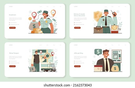 Encashment web banner or landing page set. Armored cash truck security. Money or valuable items collecting and protection. Professional bank staff in bulletproof uniform. Flat vector illustration.