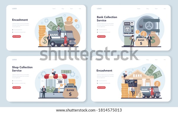 Encashment web\
banner or landing page set. Armored cash truck security. Money\
collecting and protection. Professional bank staff in bulletproof\
uniform. Vector isolated\
illustration.