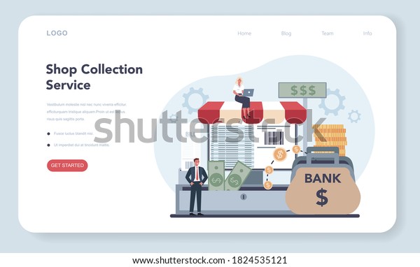 Encashment web banner or\
landing page. Shop collecting service. Armored cash truck security.\
Pofessional bank staff in bulletproof uniform. Vector isolated\
illustration.
