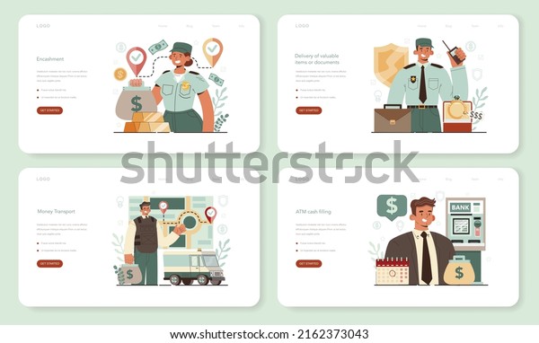 Encashment web banner or landing page set.\
Armored cash truck security. Money or valuable items collecting and\
protection. Professional bank staff in bulletproof uniform. Flat\
vector\
illustration.