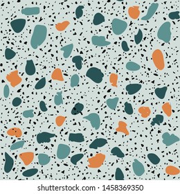 Encaustic tiles flooring material. Terrazzo style textured. Granito mosaics with chips of recycled glass, marble, stone. Kitchen and bathtubs subfloor surface. Seamless pattern in blue colour.