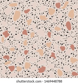 Encaustic tiles flooring material. Terrazzo style textured. Granito mosaics with chips of recycled glass, marble, stone. Kitchen and bathtubs subfloor surface. Seamless pattern in beige color.