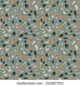 Encaustic tiles flooring material. Terrazzo style textured. Granito mosaics with chips of recycled glass, marble, stone. Kitchen and bathtubs subfloor surface. Seamless pattern in grey colour.