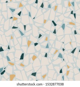 Encaustic tiles flooring material. Terrazzo style textured. Granito mosaics with chips of recycled glass, marble, stone. Kitchen and bathtubs subfloor surface. Seamless pattern in blue colour.