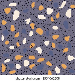 Encaustic tiles flooring material. Terrazzo style textured. Granito mosaics with chips of recycled glass, marble, stone. Kitchen and bathtubs subfloor surface. Seamless pattern in blue colour.