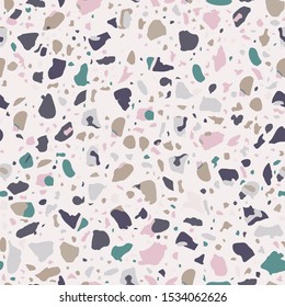 Encaustic tiles flooring material. Terrazzo style textured. Granito mosaics with chips of recycled glass, marble, stone. Kitchen and bathtubs subfloor surface. Seamless pattern in pastel color.