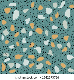 Encaustic tiles flooring material. Terrazzo style textured. Granito mosaics with chips of recycled glass, marble, stone. Kitchen and bathtubs subfloor surface. Seamless pattern in blue colour.
