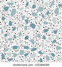 Encaustic tiles flooring material. Terrazzo style textured. Granito mosaics with chips of recycled glass, marble, stone. Kitchen and bathtubs subfloor surface. Seamless pattern in blue colour.