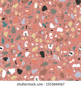 Encaustic tiles flooring material. Terrazzo style textured. Granito mosaics with chips of recycled glass, marble, stone. Kitchen and bathtubs subfloor surface. Seamless pattern in pink colour.