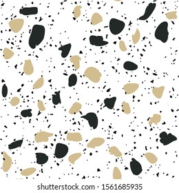 Encaustic tiles flooring material. Terrazzo style textured. Granito mosaics with marble, stone. Kitchen and bathtubs subfloor surface. Seamless pattern in black color on white background.