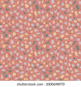 Encaustic tiles flooring material. Terrazzo style textured. Granito mosaics with chips of recycled glass, marble, stone. Kitchen and bathtubs subfloor surface. Seamless pattern in coral colour.
