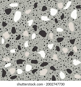 Encaustic tiles flooring material. Terrazzo style textured. Granito mosaics with chips of recycled glass, marble, stone. Kitchen and bathtubs subfloor surface. Seamless pattern in gray colour.