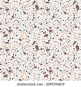 Encaustic tiles flooring material. Terrazzo style textured. Granito mosaics with chips of recycled glass, marble, stone. Kitchen and bathtubs subfloor surface. Seamless pattern in white colour.