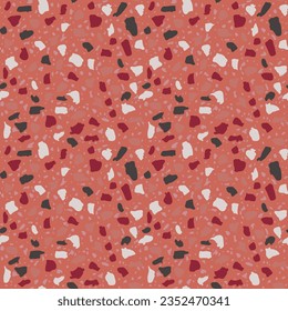 Encaustic tiles flooring material. Terrazzo style textured. Granito mosaics with chips of recycled glass, marble, stone. Kitchen and bathtubs subfloor surface. Seamless pattern in coral colour.