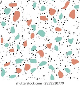 Encaustic tiles flooring material. Terrazzo style textured. Granito mosaics with marble, stone. Kitchen and bathtubs subfloor surface. Seamless pattern in orange color on white background.