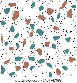 Encaustic tiles flooring material. Terrazzo style textured. Granito mosaics with marble, stone. Kitchen and bathtubs subfloor surface. Seamless pattern in brown color on white background.
