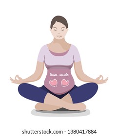 Enceinte mother in yoga lotus pose in multiple pregnancy isolated on white background. Flat style