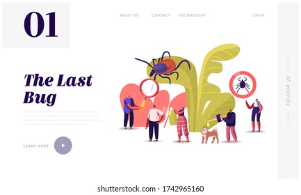 Encephalitis Mite, Tick Bite Protection Landing Page Template. Characters Search Dangerous Insect. Mite Hid on Plant Leaf, People Spraying Insect Repellent on Skin and Dog. Cartoon Vector Illustration