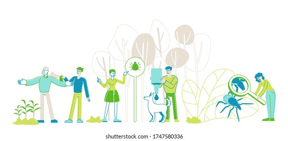 Encephalitis Mite, Tick Bite Protection Concept. Characters Search Dangerous Insect. Mite Hid on Plant Leaf, People Spraying Insect Repellent on Skin and Dog Outdoor. Linear People Vector Illustration