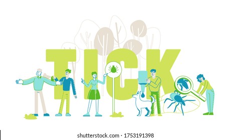 Encephalitis Mite, Tick Bite Protection Concept. Characters Search Dangerous Insect Hid on Plant, People Spraying Repellent on Skin and Dog Outdoor Poster Banner Flyer. Cartoon Vector Illustration
