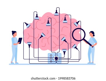 Encephalography brain procedure, patient with head electrodes and doctor. Medical test EEG electroencephalography.
Diagnostic checkup of brain health. Concept of neurology, neuroscience. Vector