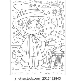 enchant kawaii witch halloween coloring book page for kids and adults creative coloring mindful relaxation activity