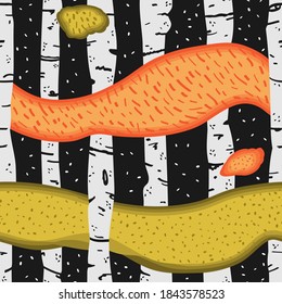 Enchanted birch forest pattern in doodle style with orange and green leaves. Vector seamless pattern design for textile, fashion, paper, packaging and branding. 