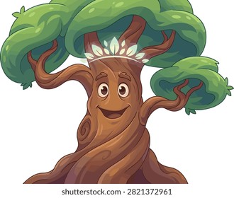 Enchanted cartoon tree with expressive face glowing leafy crown magical whimsical nature illustration