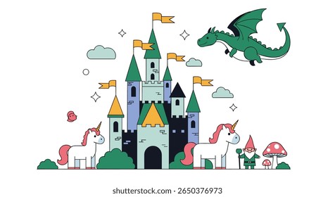 Enchanted Castle of Fantasy Creatures in a Magical Fairy Tale World