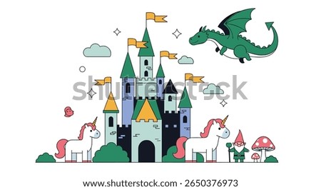 Enchanted Castle of Fantasy Creatures in a Magical Fairy Tale World
