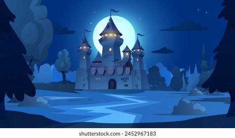 Enchanted castle under a full moon, highlighted by a luminescent blue night sky. Vector illustration creating a serene storybook scene for gaming or literature.