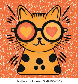 Enchanted cat. Illustration of a stylized image of a cat wearing glasses with round black frames. Hearts are reflected in the lenses of the glasses, creating the effect of delight or love.