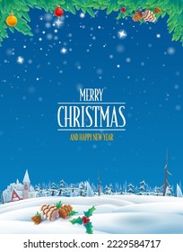 enchanted christmas landscape with decorations pine cones balls