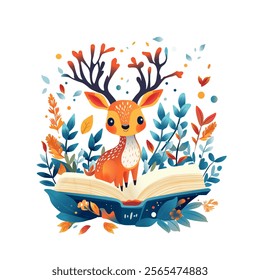 Enchanted Deer Emerging from an Open Book. Fantasy Illustration of a Deer in a Storybook Scene