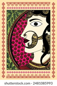 Enchanted Elegance: Eine lebendige Madhubani-Darstellung - Indische Frauen im Sari. Madhubani Kunst, Sari Malerei Madhuban, indische Volkskunst Frauen, Madhubani Kultur, Wanddekor, handgemacht.