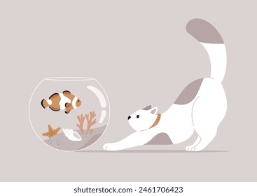 Enchanted Encounter, A Curious Cat Stretches Towards a Fishbowl, A playful cat reaches out to a fish tank with vivid clownfish inside, against a beige backdrop